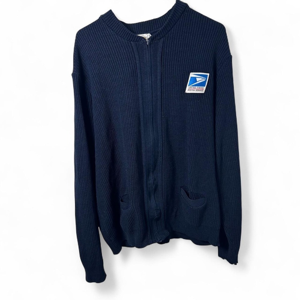 Vintage USPS Sweater Cardigan Men L/XL Post Office Logo Full Zip Navy Blue USA